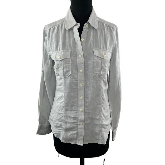 CLUB MONACO Button Down Top Shirt Blouse Gray Linen Long Sleeve Pockets Size? - Picture 1 of 8